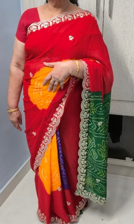 Red Bandhani Multicolour Saree