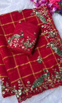 Red Checks Saree with Peacock Embroidery