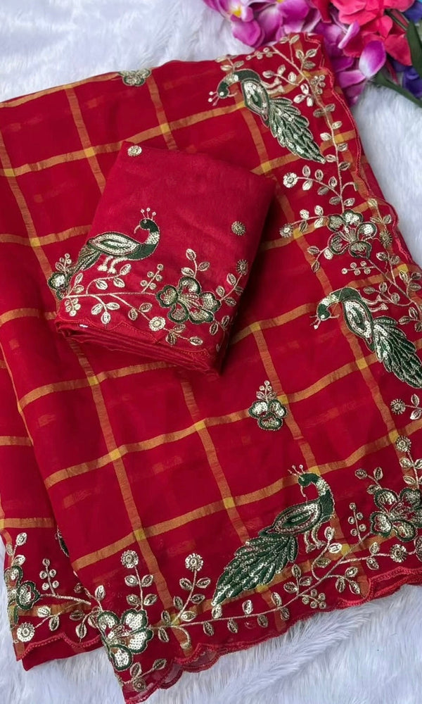 Red Checks Saree with Peacock Embroidery