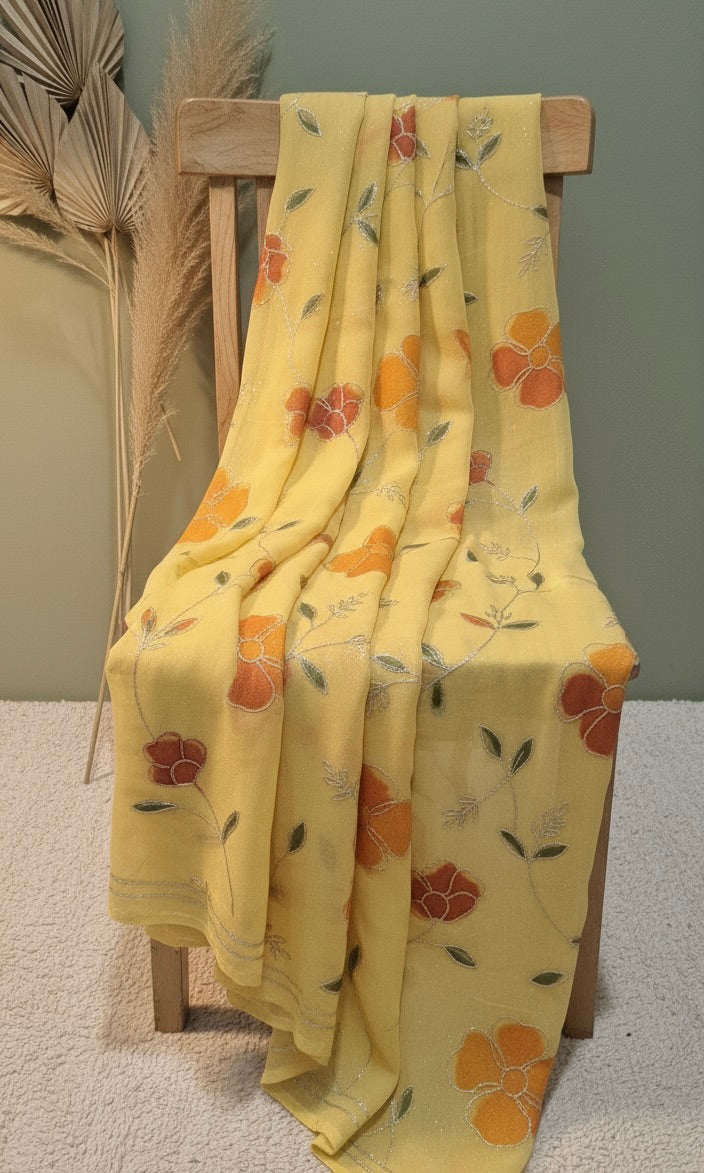 Hand Brush Painted kaccha Gota Patti Saree