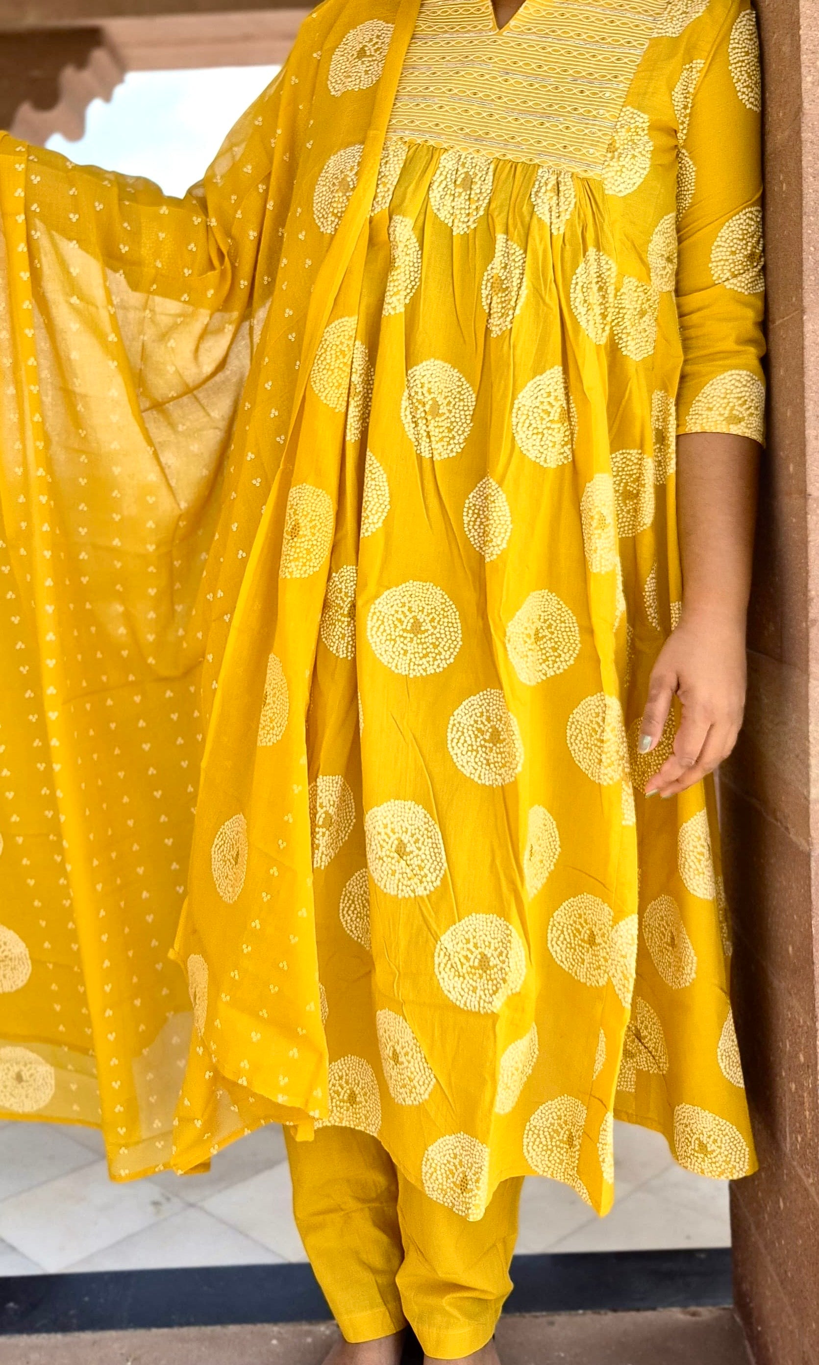 Mustard Yellow Pure Cotton Flared Kurta Three-Piece Set