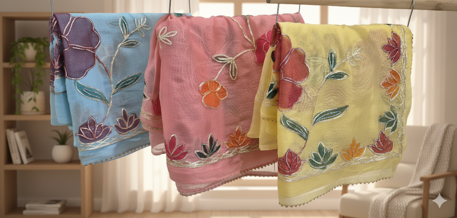 Hand Brush Painted kaccha Gota Patti Saree