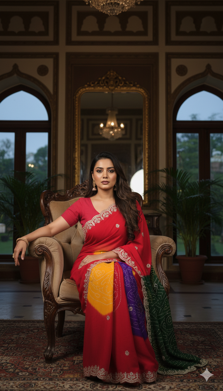 Red Bandhani Multicolour Saree