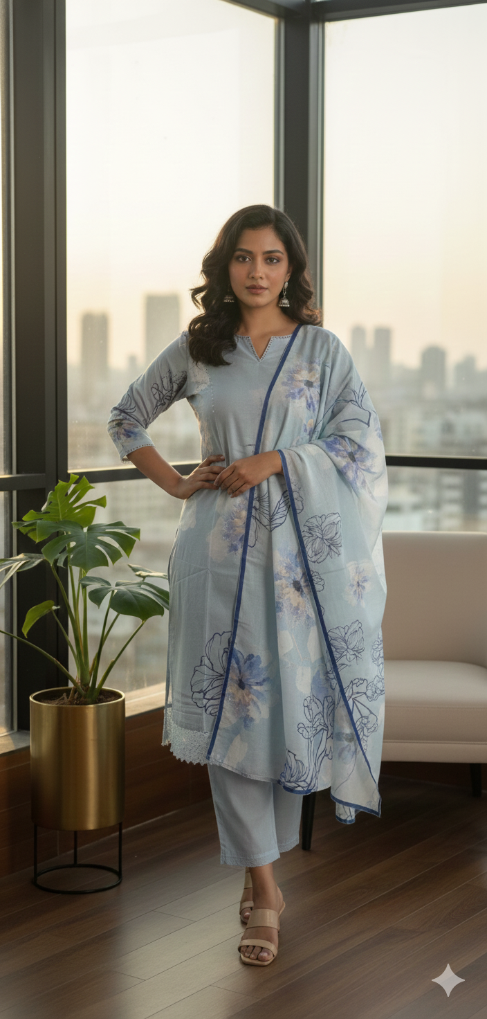Powder Blue Floral Print Kurta