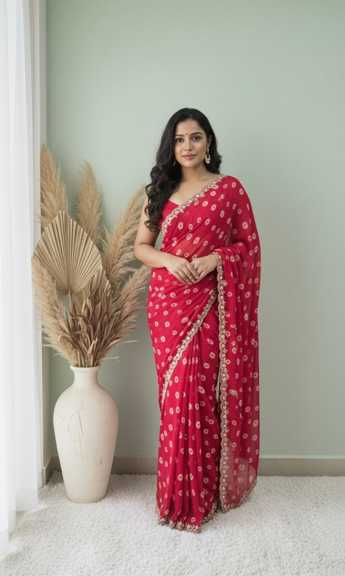 Elegant Red Bandhani Saree with Border