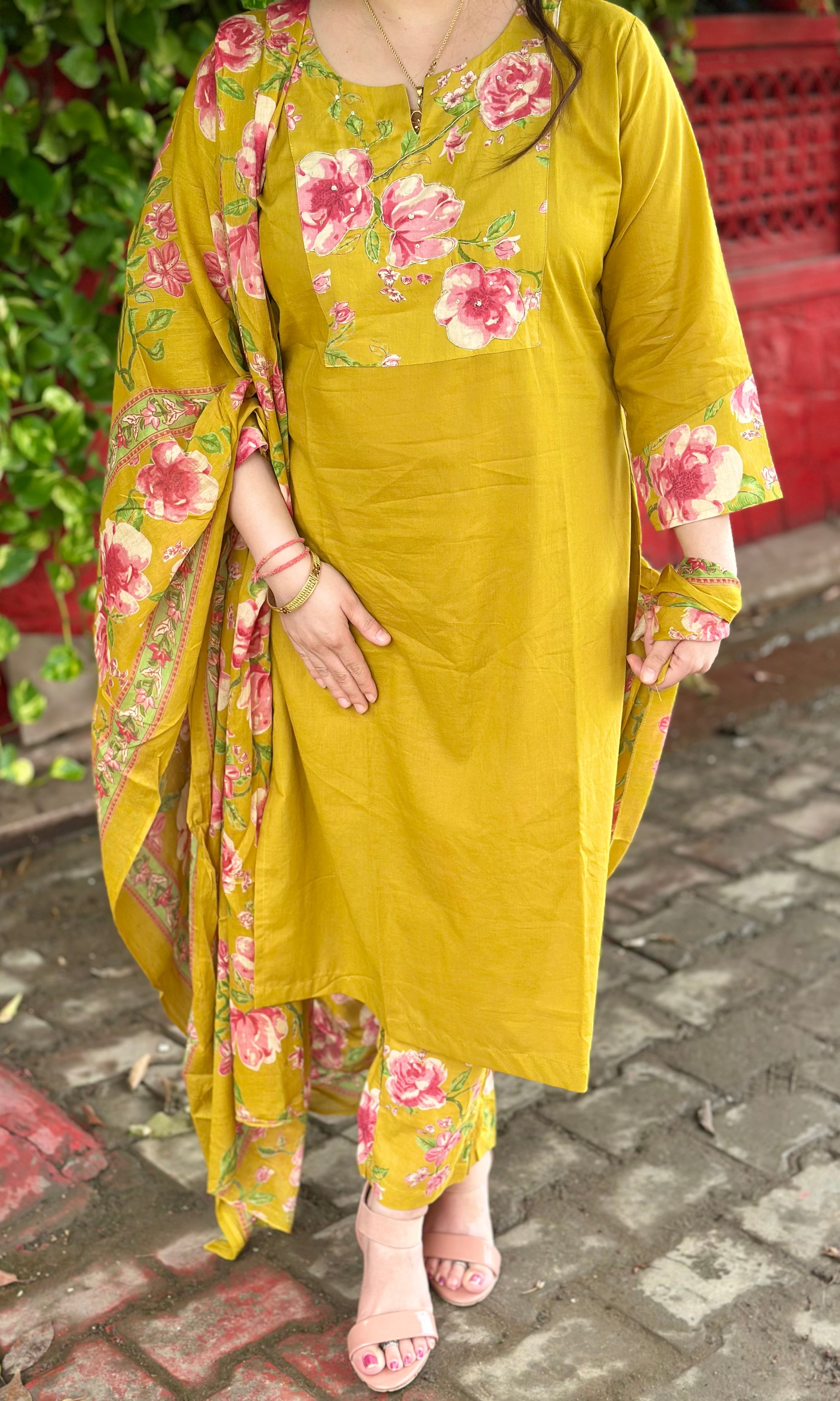 Mustard Yellow Pure Cotton Floral Kurta Set