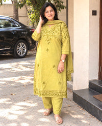Olive Green Embroidered Cotton Kurta Pant Set