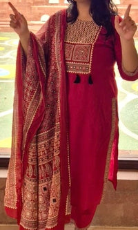 Pure Cotton Maroon Kurta Set with Ajrakh Dupatta