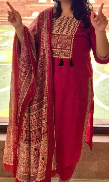 Pure Cotton Maroon Kurta Set with Ajrakh Dupatta