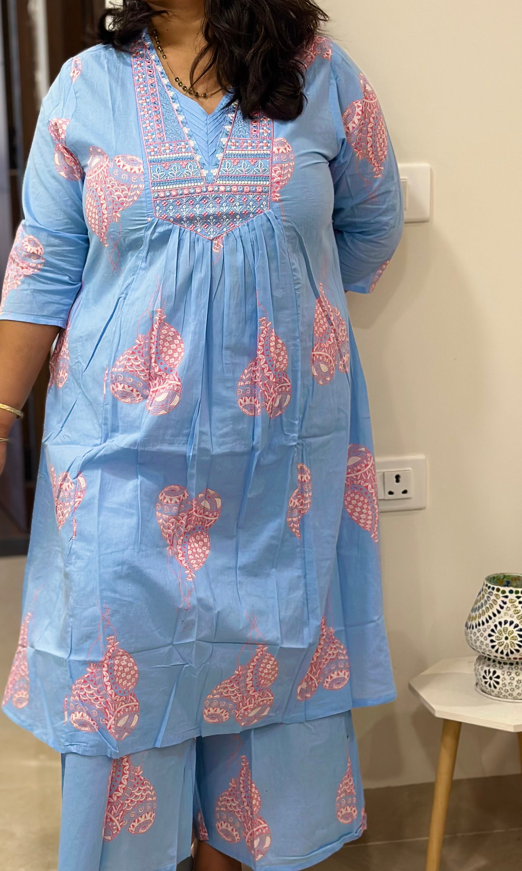 Sky Blue Printed Cotton Kurta Set with Dupatta