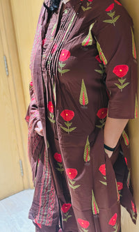Brown Printed Cotton Kurta Set
