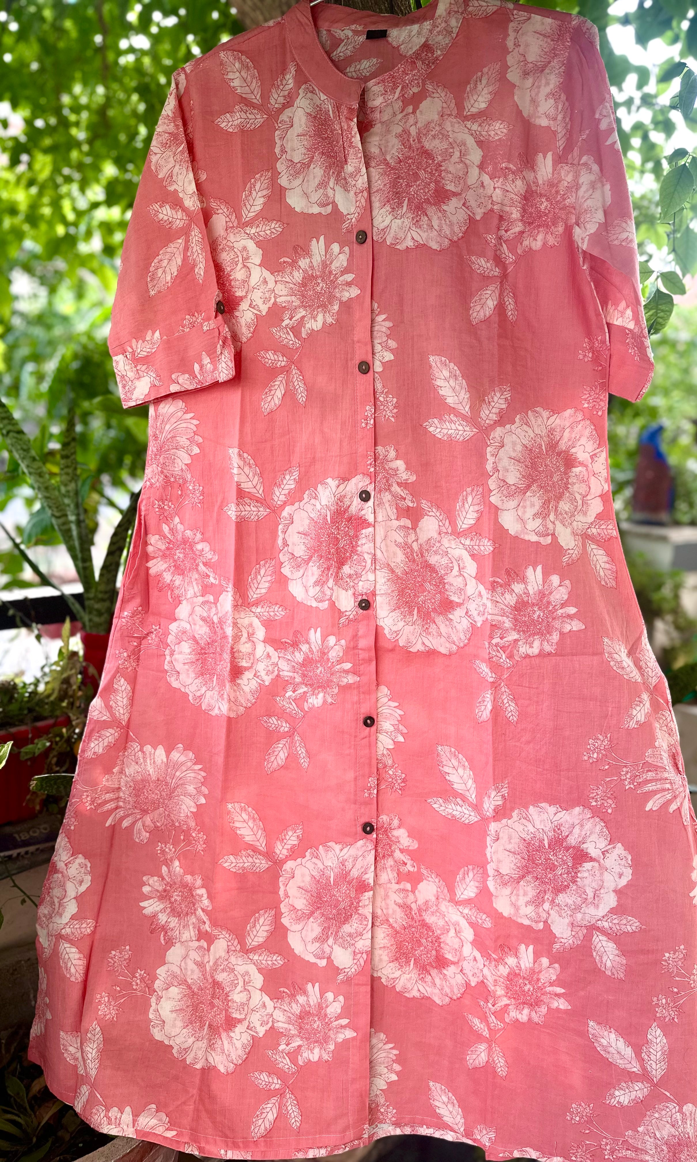 Blush Pink Floral Cotton A-Line Kurta Pant Set