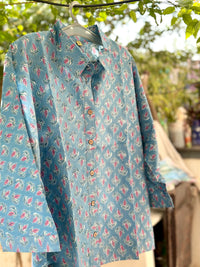 Blue Hand block Printed Loose Fit Shirt