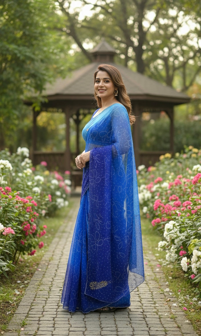 Blue Chiffon Handwork Saree