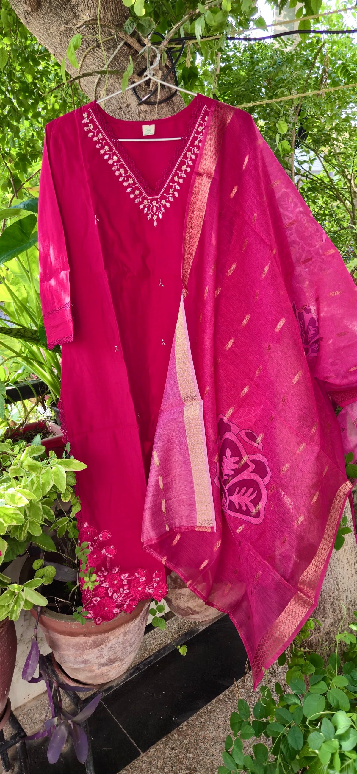Rani Pink Embroidered Muslin Silk Set