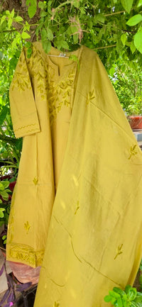 Olive Green Embroidered Cotton Kurta Pant Set