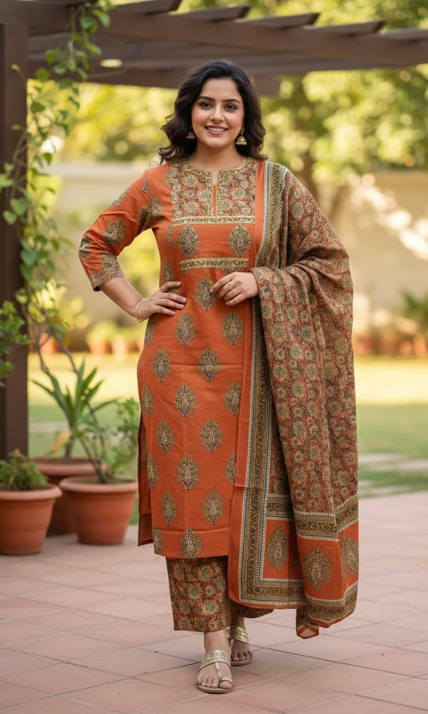Rust Brown Printed Cotton Kurta Set with Dupatta