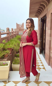 Pure Cotton Maroon Kurta Set with Ajrakh Dupatta