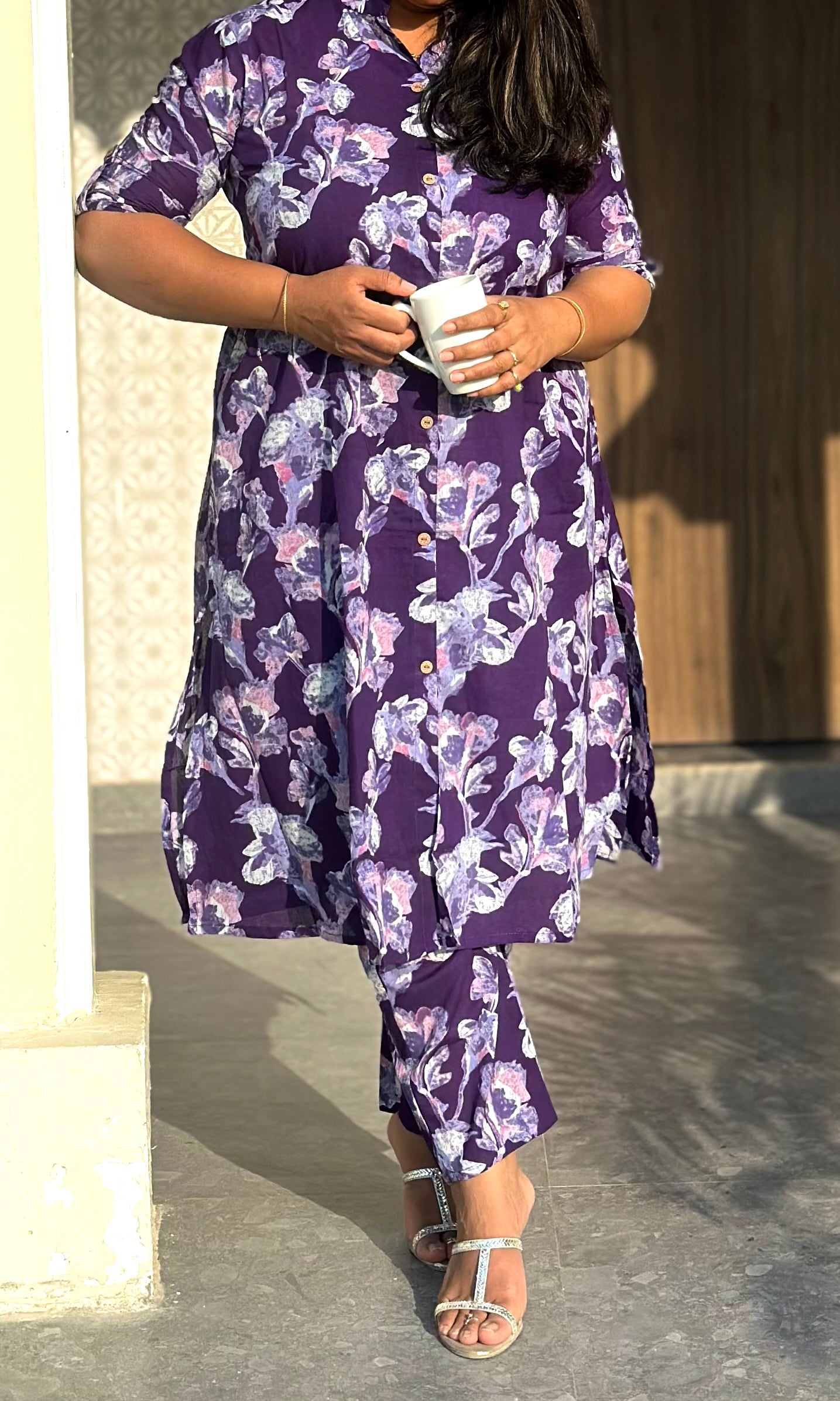 Pure Cotton Purple Floral Cord Set