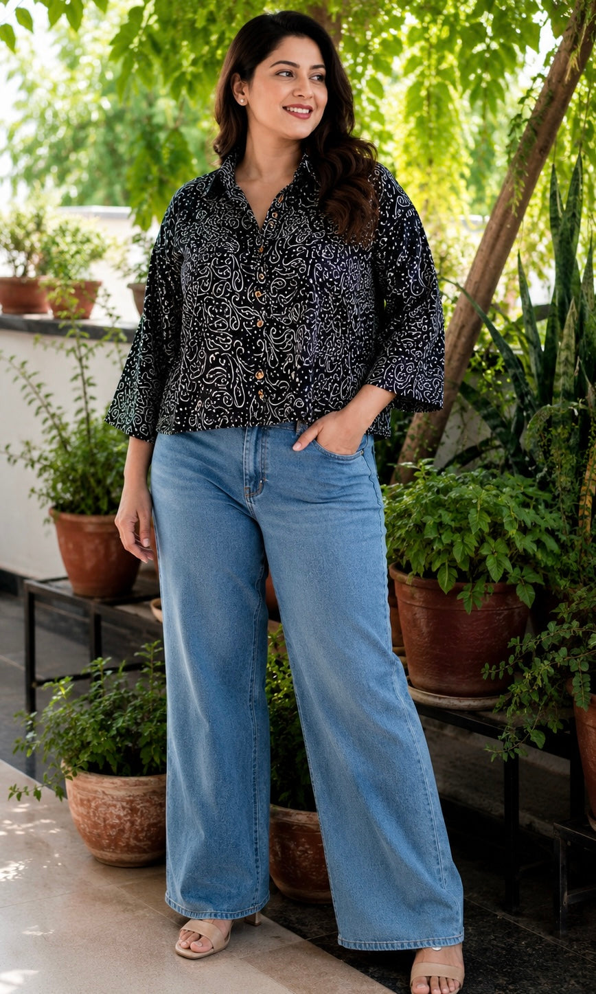 Black Hand Block Printed Loose Fit Shirt