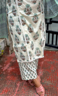 Mint Green Floral Printed Cotton Kurta Set with Dupatta