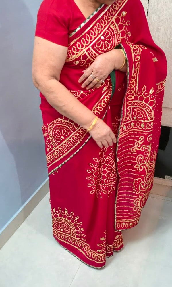 Red Gota Patti Ghewar Bhandhej Saree