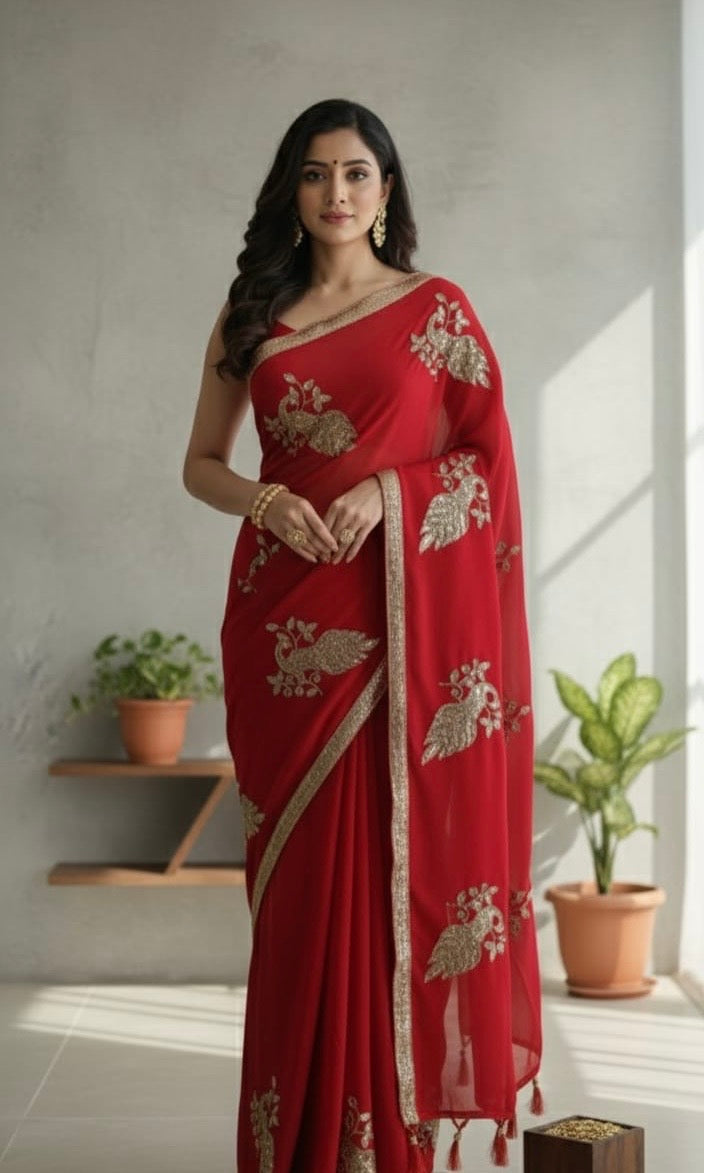 Red Sequence Work Saree