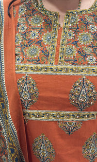 Rust Brown Printed Cotton Kurta Set with Dupatta