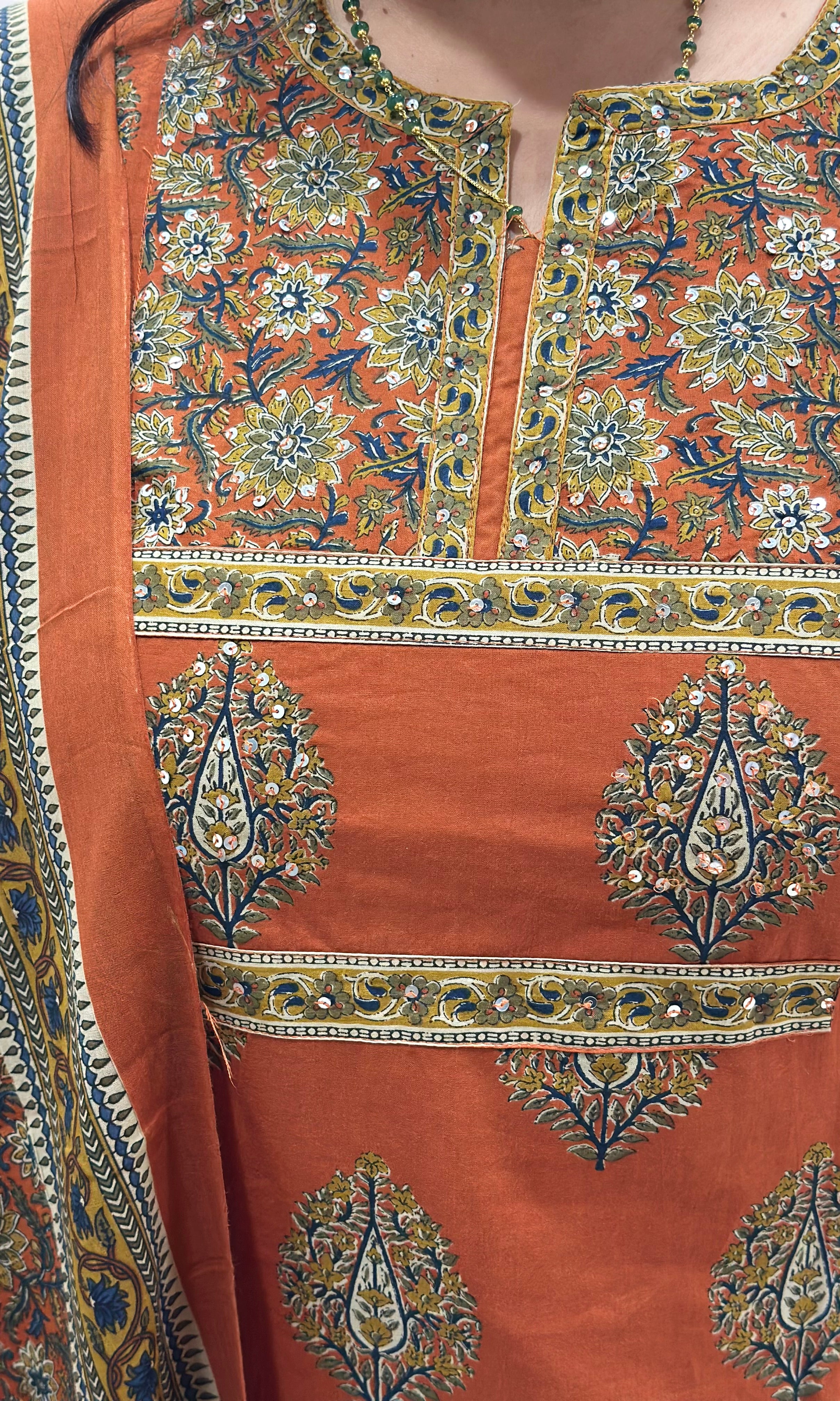 Rust Brown Printed Cotton Kurta Set with Dupatta