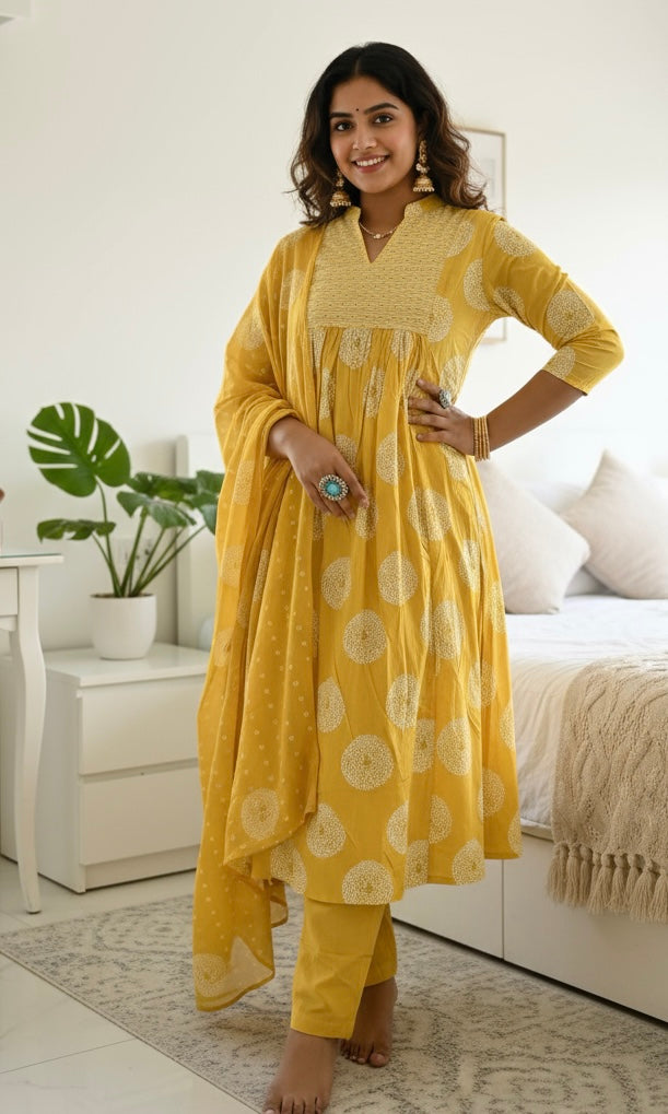 Mustard Yellow Pure Cotton Flared Kurta Three-Piece Set