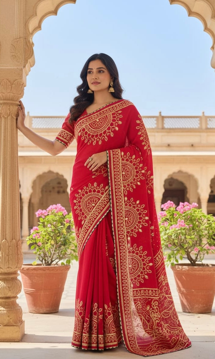 Red Gota Patti Ghewar Bhandhej Saree