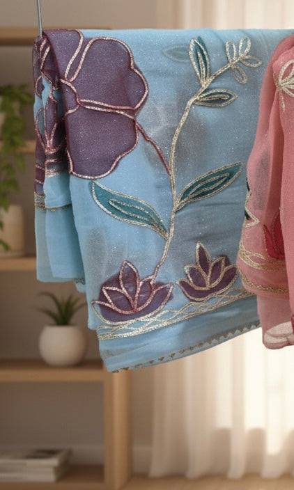 Hand Brush Painted kaccha Gota Patti Saree