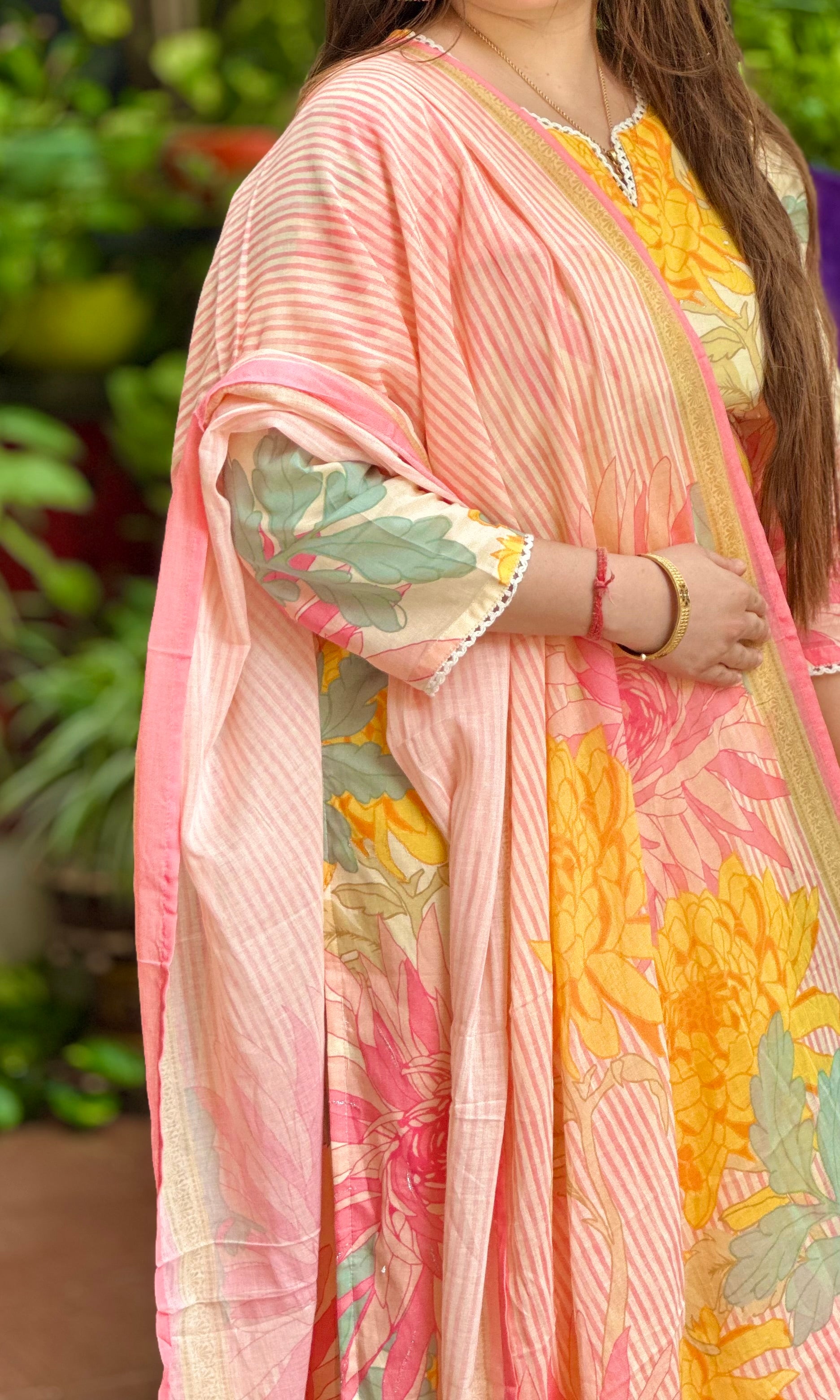 Beige Cotton Floral Kurta Set