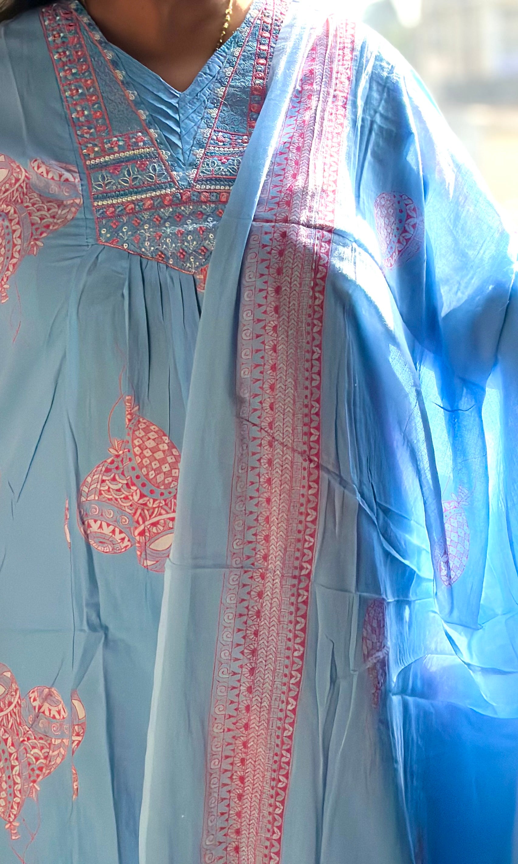 Sky Blue Printed Cotton Kurta Set with Dupatta