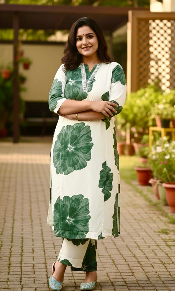 Green Floral Print Viscose Kurta Pant Set