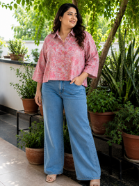 Pink Hand Block Printed Loose Fit Shirt