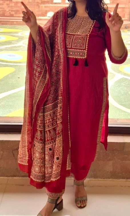 Pure Cotton Maroon Kurta Set with Ajrakh Dupatta