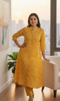 Yellow Floral print A line Cord set