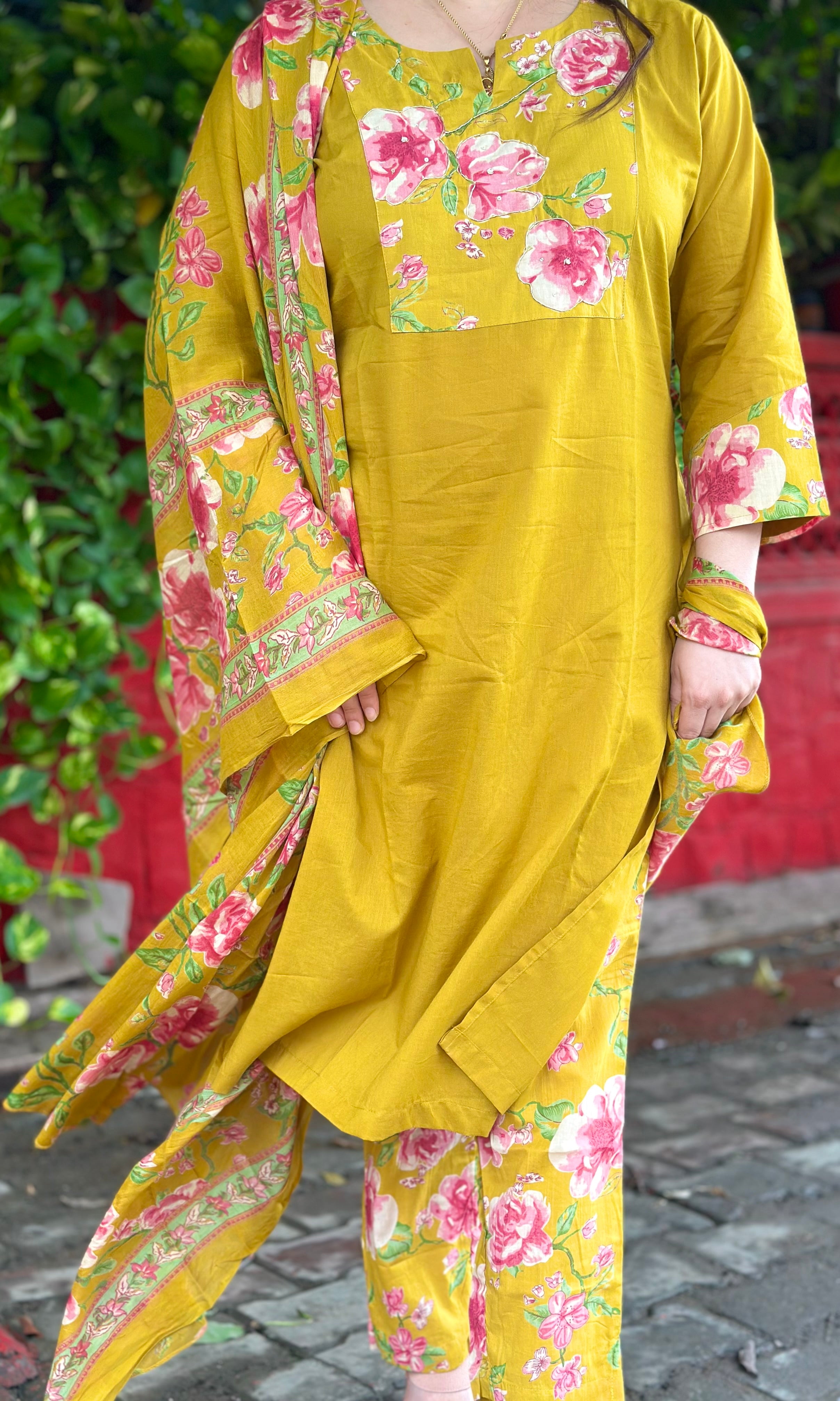 Mustard Yellow Pure Cotton Floral Kurta Set