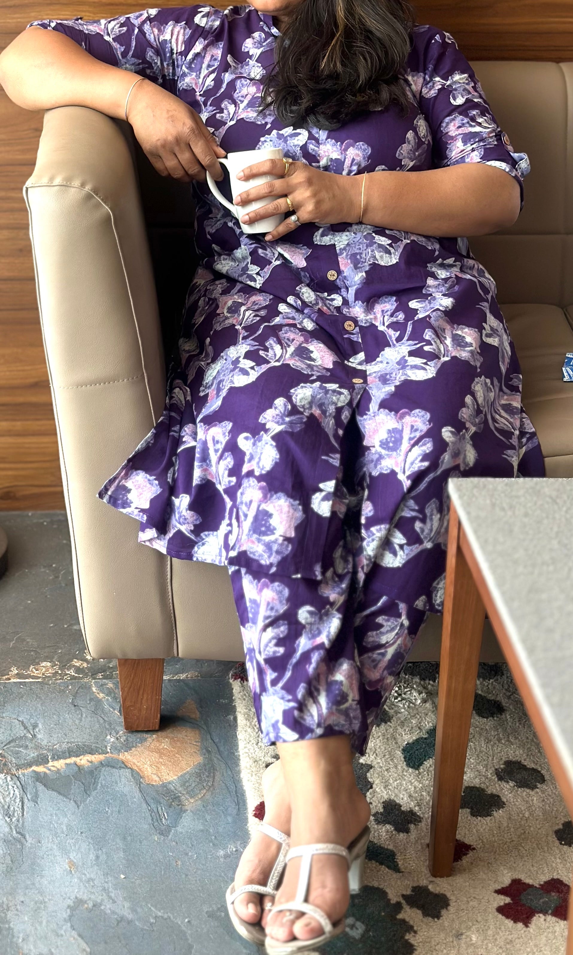 Pure Cotton Purple Floral Cord Set