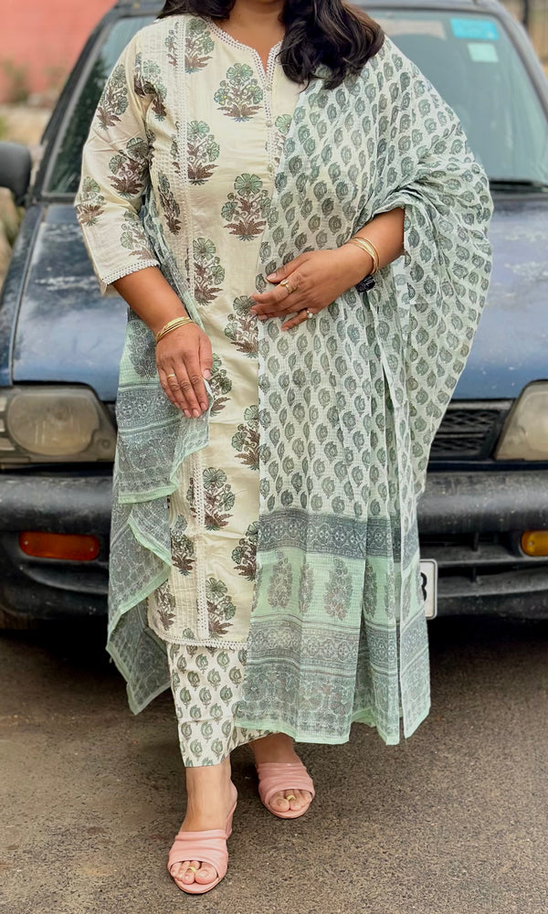 Mint Green Floral Printed Cotton Kurta Set with Dupatta