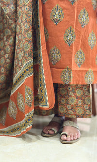 Rust Brown Printed Cotton Kurta Set with Dupatta