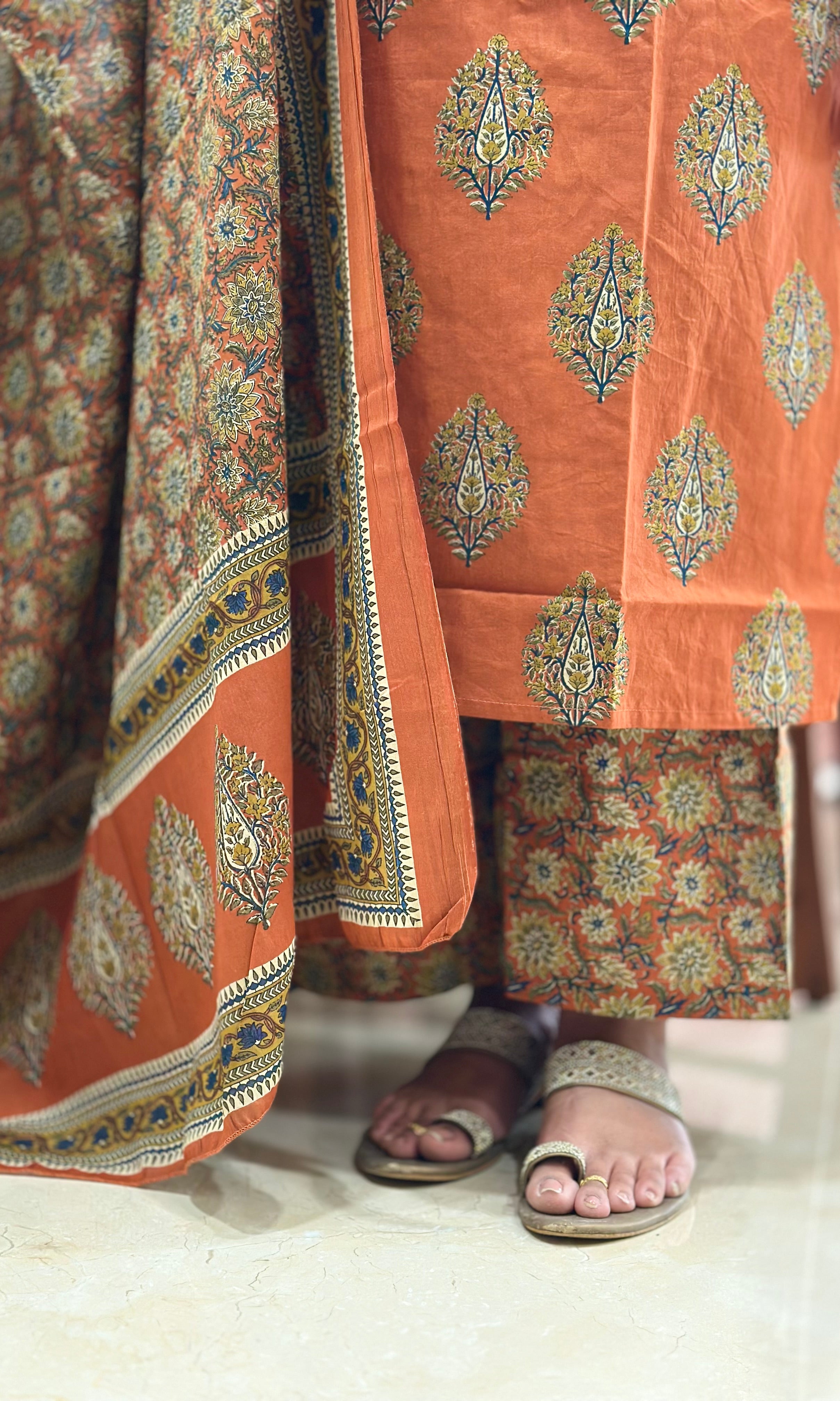 Rust Brown Printed Cotton Kurta Set with Dupatta