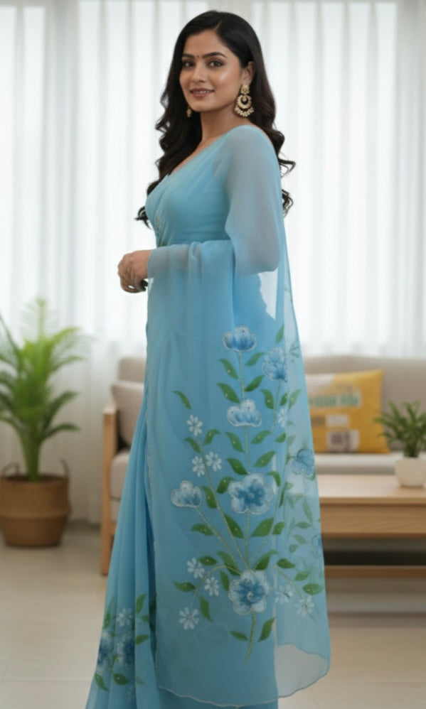 Sky Blue Brush-Painted Handwork Saree