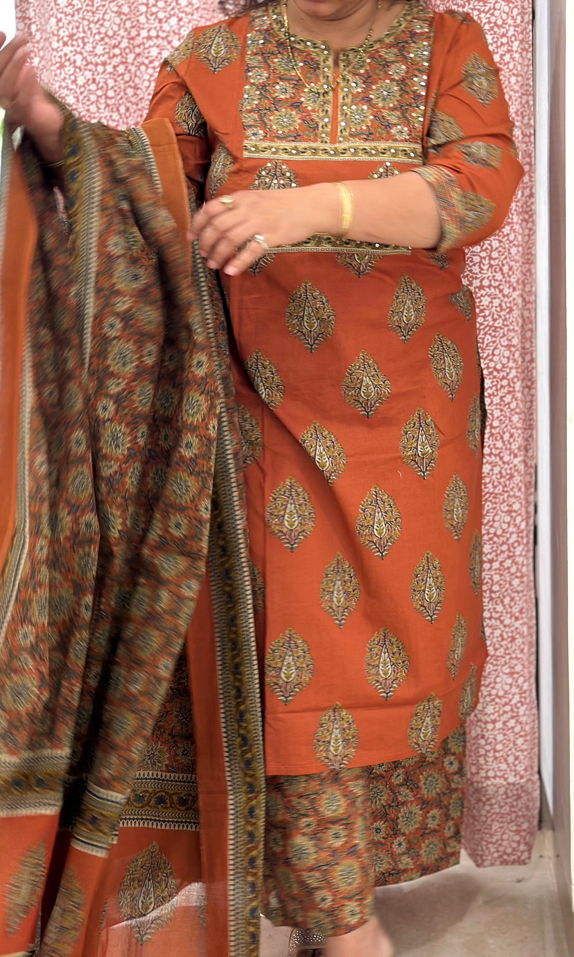 Rust Brown Printed Cotton Kurta Set with Dupatta
