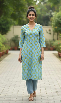 Sky blue V neck Pure cotton Kurta