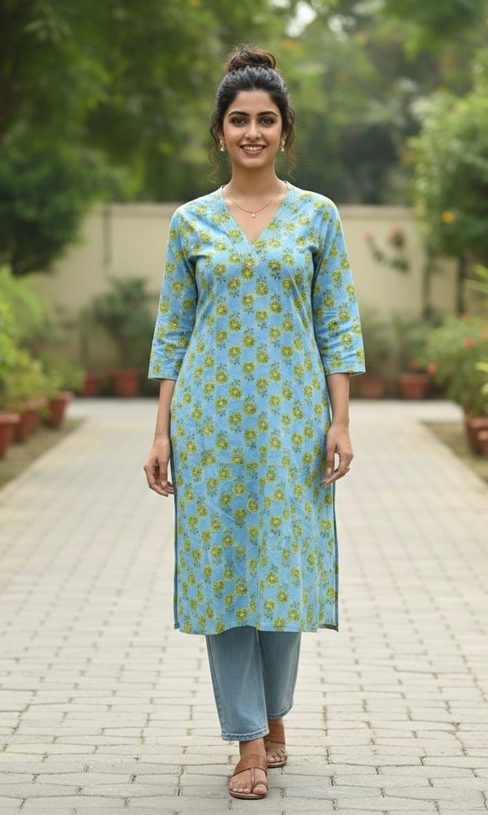 Sky blue V neck Pure cotton Kurta