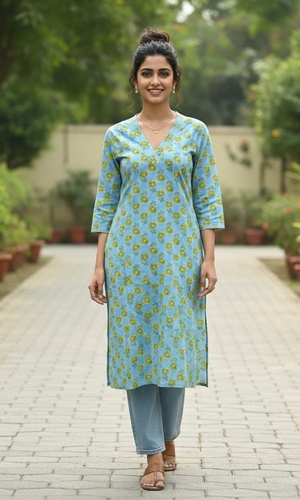 Sky blue V neck Pure cotton Kurta