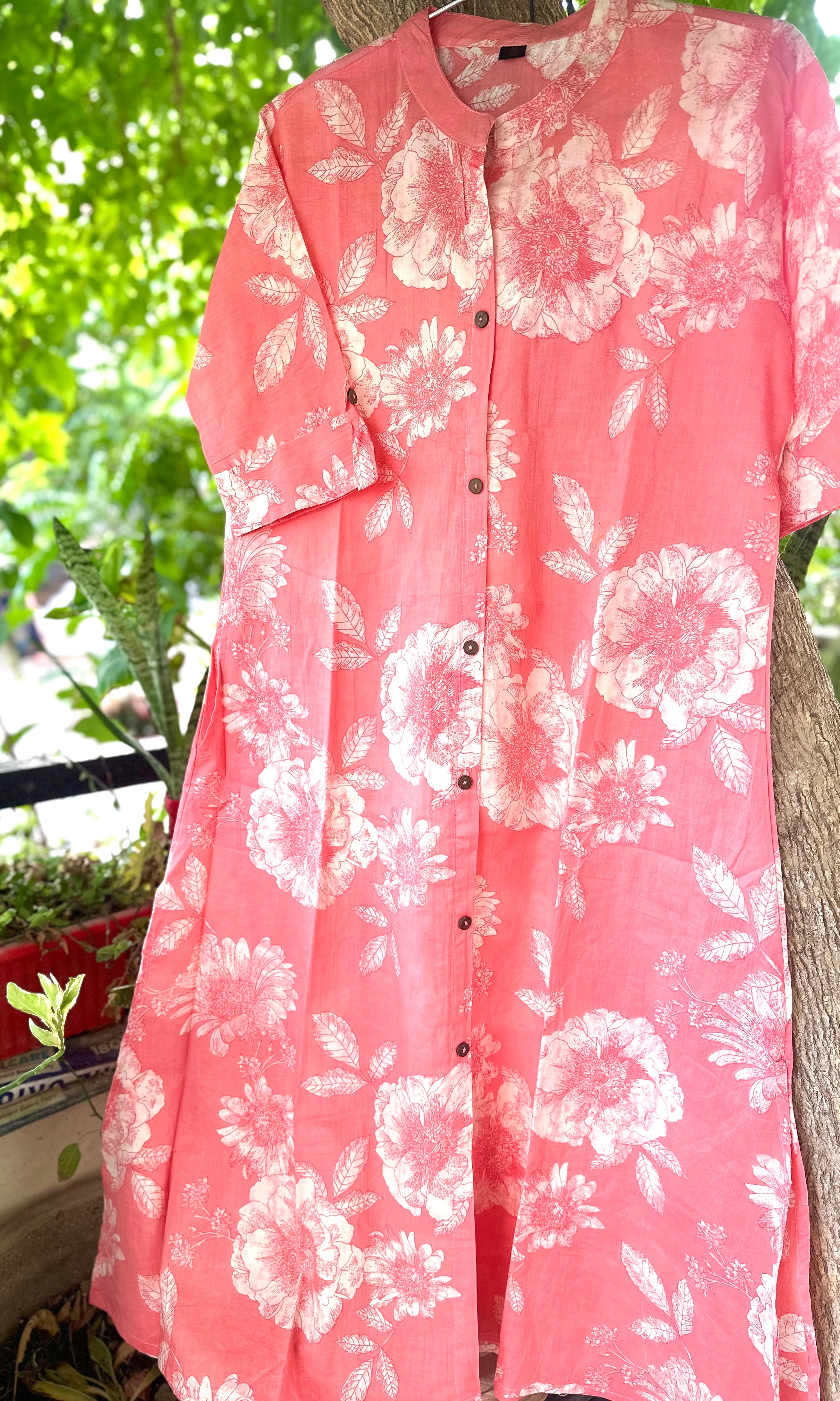 Blush Pink Floral Cotton A-Line Kurta Pant Set