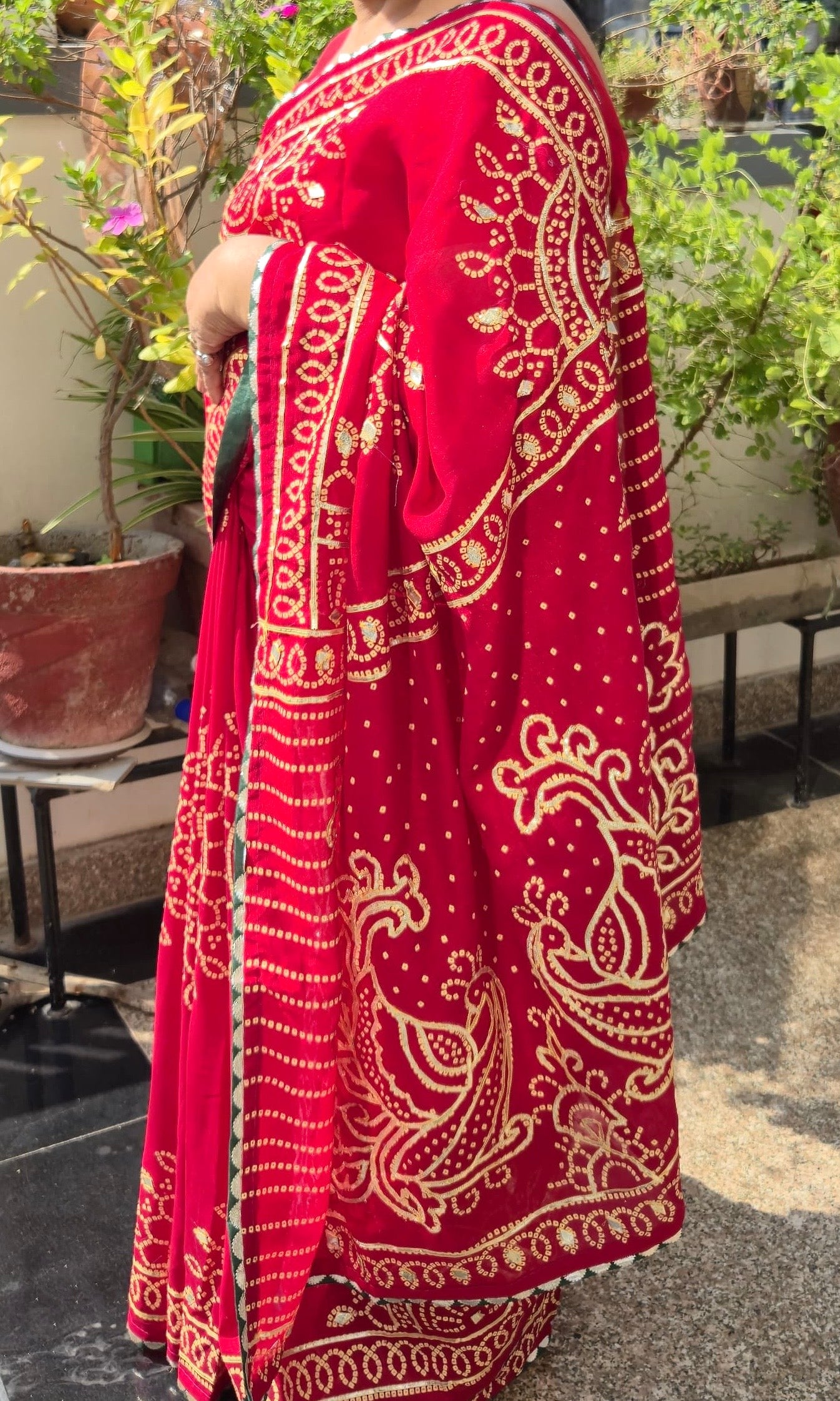 Red Gota Patti Ghewar Bhandhej Saree